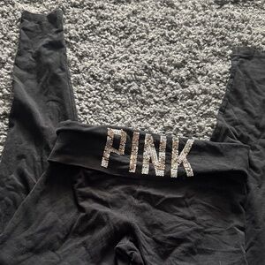 S VS PINK YOGA Black Leggings with Silver Sequin Logo